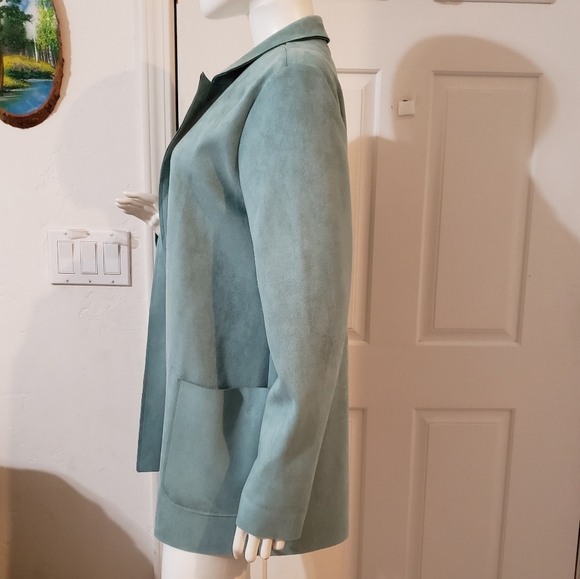 Joan Vass pale teal faux suede open front blazer size medium - Picture 2 of 7